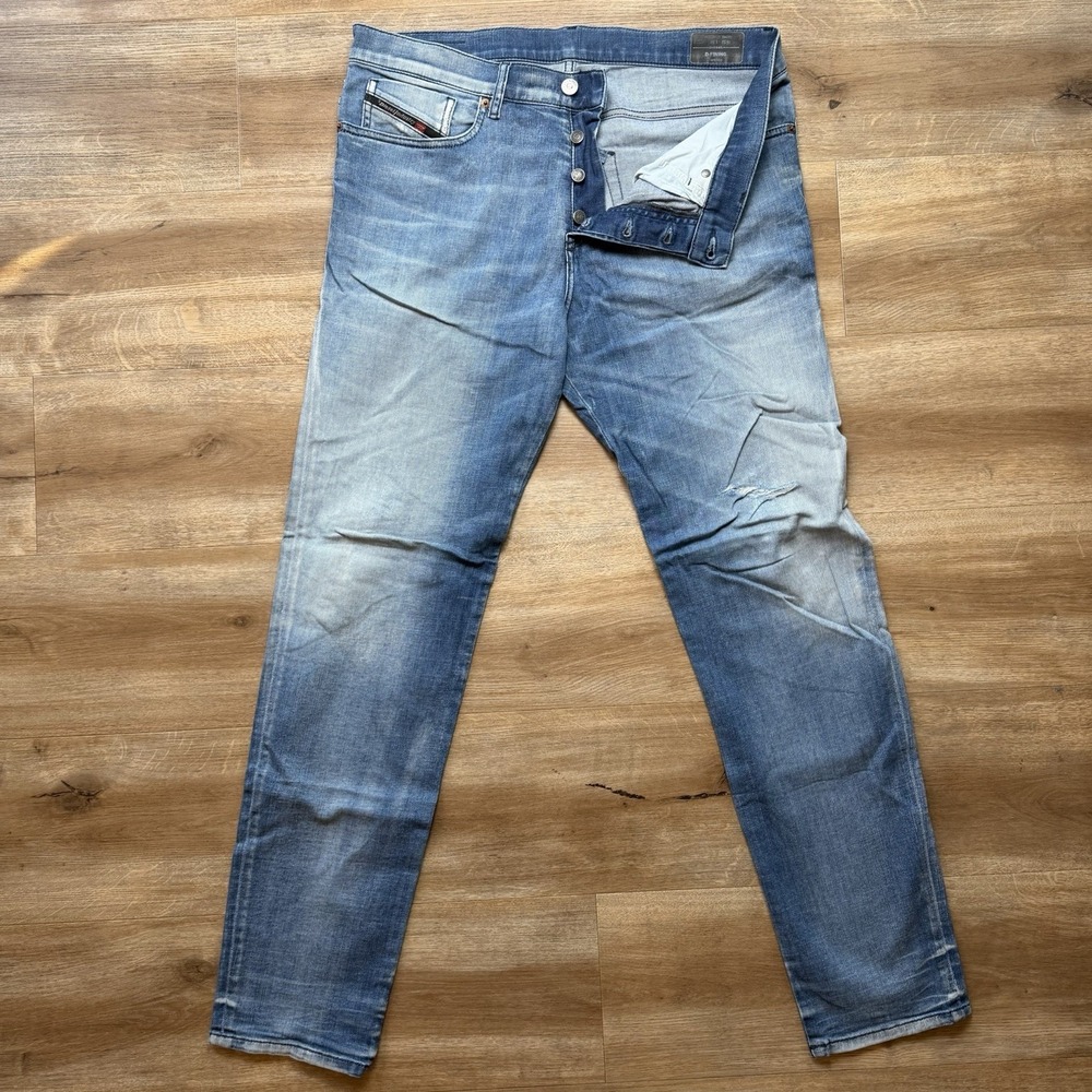 Diesel D-Fining Jeans Men 32x32 Blue Tapered Stretch Distressed Light Wash 009NS
